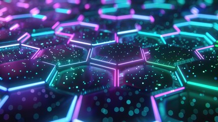 Obraz premium Interlocking 3D hexagonal pattern with pulsating neon green and purple light, set against a dark starry background. 3D futuristic style pattern