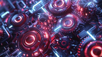 Dynamic 3D futuristic matrix of spinning neon-lit gears and cogs with vibrant red and blue hues, conveying energy. 3D futuristic style pattern