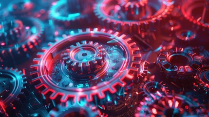High-energy industrial feel with dynamic 3D futuristic matrix of spinning neon-lit gears and cogs in red and blue. 3D futuristic style pattern