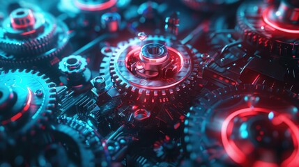 Spinning neon-lit gears and cogs in a vibrant 3D futuristic matrix with red and blue hues, exuding high energy. 3D futuristic style pattern