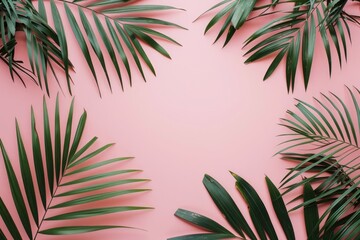 A pink background with green palm leaves in the corners, in a flat lay style. The space is left empty for text or product placement.