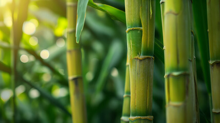 Obraz premium Bamboo Stems with Green Leaves in Sunlight