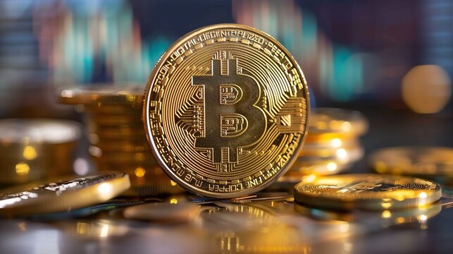 A close-up image of a gold Bitcoin coin. The coin is in focus, with a blurred background of other Bitcoin coins.