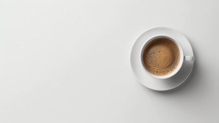 White cup of coffee on white background. Top view.