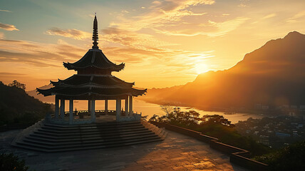 Fototapeta premium Ancient pagoda stands tall bathed in sunsets beauty, AI Generative.