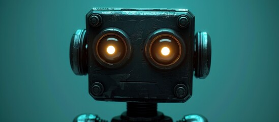 The face of a friendly vintage toy robot with glowing eyes