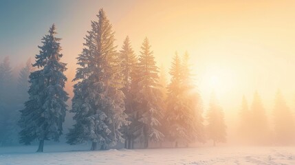 Fototapeta premium Pine trees under sunny winter sky on a foggy day