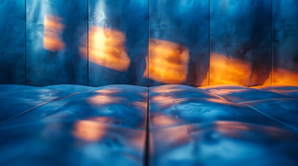 Close-up texture of a sofa with square patterns with sunset rays of the sun. Dark room with square patterns. Lighting concept.