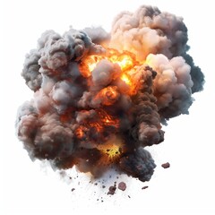 A massive explosion with intense fire and thick clouds of smoke, sending debris flying. The bright flames and dark smoke create a dramatic contrast against the white background.