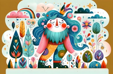 Naklejka premium Ilustración infantil. seres mágicos, seres fantásticos, cuento de hadas, cuento infantil, ilustración, storybook, rey, reyes, giant, gigante, fantasía, variopinto, ilustración, arte, dibujos animados