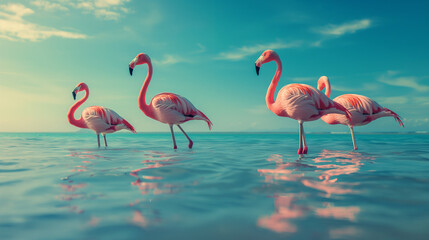 Obraz premium pink flamingos in the blue water , blue sky 