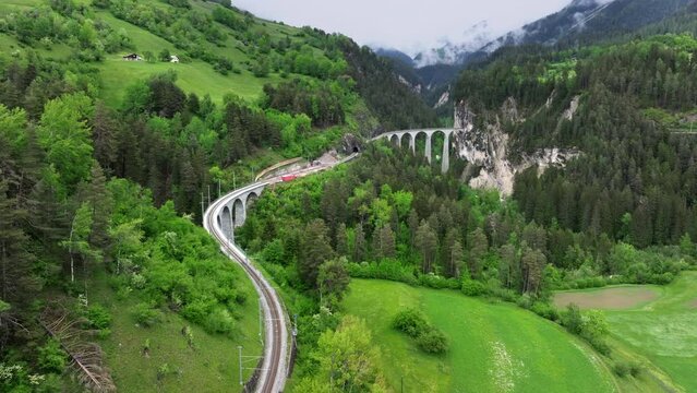 Landwasser viaduct in Switzerland mountain from drone