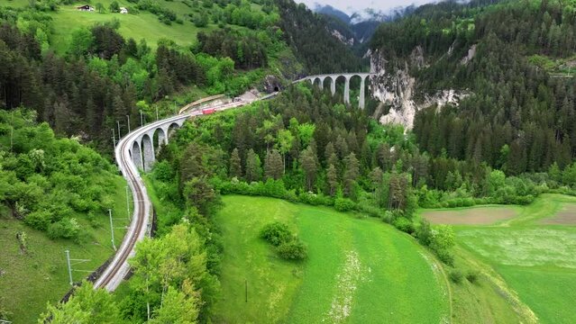 Landwasser viaduct in Switzerland mountain from drone