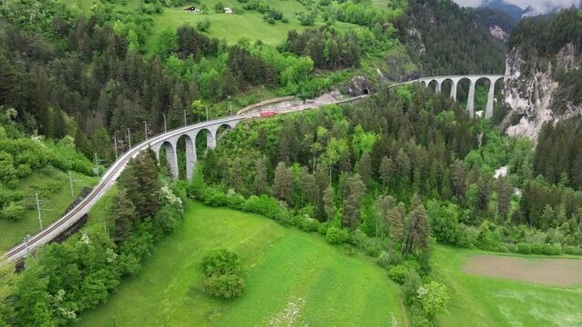 Landwasser viaduct in Switzerland mountain from drone