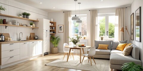 Fototapeta premium Cozy Minimalist Living Room and Kitchen with Elegant Design