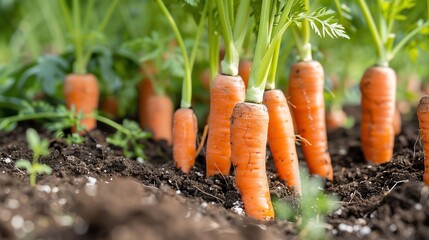 Fresh carrots growing in the garden soil. Organic farming, healthy eating concept.