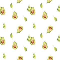 Watercolor Seamless Pattern of ripe avocado halves and leaves on a white background. Can be used for kitchen textile prints, product packaging design.