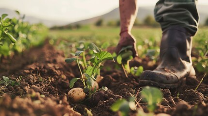 A farmer is planting potatoes in a field. The farmer is wearing a boot and is using his hand to plant the potatoes in the soil.