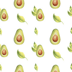 Watercolor Seamless Pattern of ripe avocado halves and leaves on a white background. Can be used for kitchen textile prints, product packaging design.