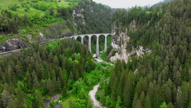 Landwasser viaduct in Switzerland mountain from drone