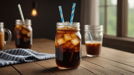 Detailed Shot of a Cold Brew Coffee with Ice Cubes and a Splash of Milk, Served in a Mason Jar with Striped Straw