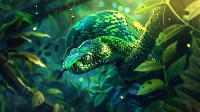 A green snake slithers through the lush foliage of a tropical rainforest. Its scales glisten in the sunlight, and its eyes are a deep, piercing green.