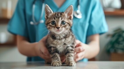 A veterinarian is holding a small kitten in her hands. The kitten is looking at the camera with big, round eyes.