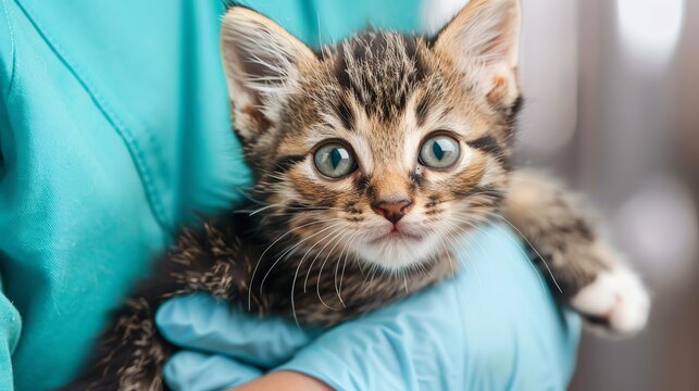 A veterinarian is holding a scared kitten in her arms. The kitten is looking up at the camera with wide eyes.