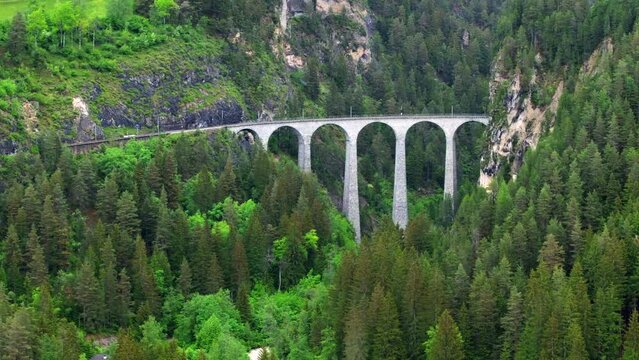 Landwasser viaduct in Switzerland mountain from drone