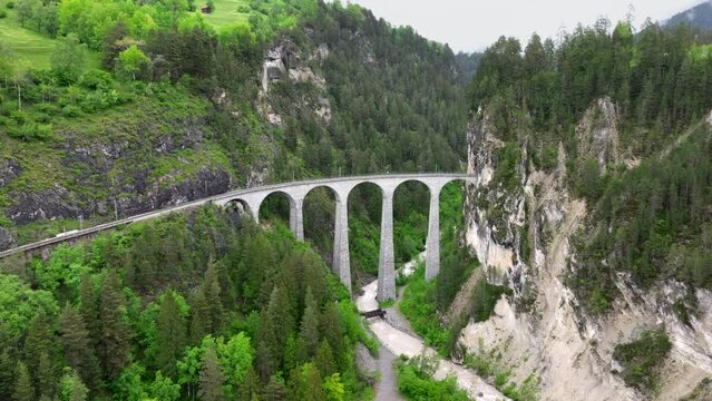Landwasser viaduct in Switzerland mountain from drone