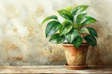Detailed illustration of a thriving potted plant in a charming watercolor style