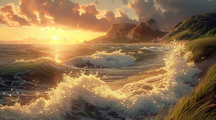 Dramatic Coastal Sunset: Golden Hour Waves Crashing on Lush Green Cliffs with Majestic Cloud-Filled Sky