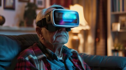 Elderly Man Experiencing Virtual Reality with VR Goggles