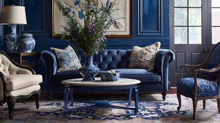 living room with blue furniture, interior, room, furniture, home, bedroom, house, bed, sofa, living, chair, luxury, design, decor, window, indoors, table, wall, architecture, classic, hotel, lamp, fir