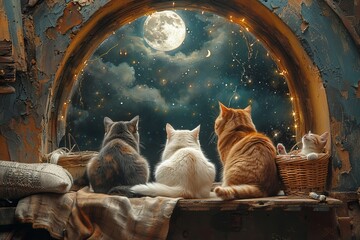 Cats on a window sill look at the moon; a kitten plays in a basket, capturing rustic charm