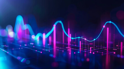Abstract background of graphs and numbers in neon color. Histograms of blue and purple colors, indicating sales growth. Successful business. Concept of sales growth, success.