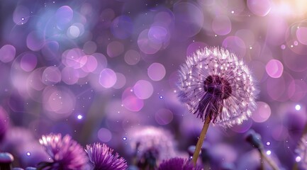 A Single Dandelion Bloom in a Field of Purple Flowers With a Bokeh Background