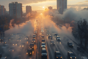 City is covered in gray smoke and smog due to cars running on gasoline, top view. Road with cars polluting city air. Cars pollute city with exhausted fumes. Air pollution concept
