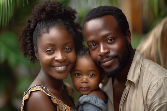 Happy family, dad, mom and daughter. Happy Black African American parents smiling and hugging daughter. Global, National Parents Day. Family concept