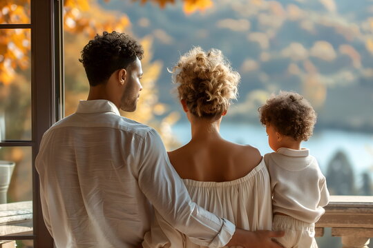 Family of three African Americans admires nature, back view. Dad hugs mom and son standing on balcony overlooking forest and lake. Family concept. Global, National Parents Day