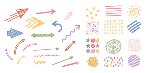 Arrow doodle. Abstract line pencil colorful isolated elements for presentation, brush curve icon, spiral hand texture, cartoon twist, grunge sketch square stroke, sign simple. Vector garish art