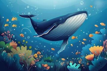 An artistic illustration of a whale calmly swimming among fish and coral in a serene underwater scene