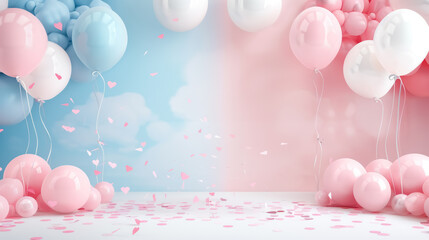 gender reveal party background with blue and pink balloons and hearts