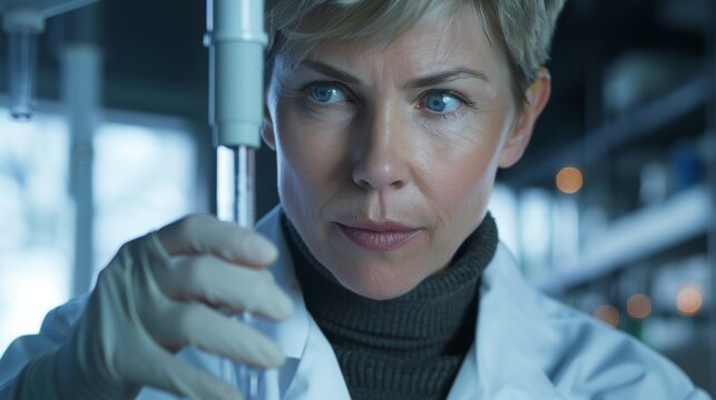 Scientific beaker, pipette, and senior woman in medical research lab. Scientist, innovator, and old female doctor testing dropper viral remedy.
