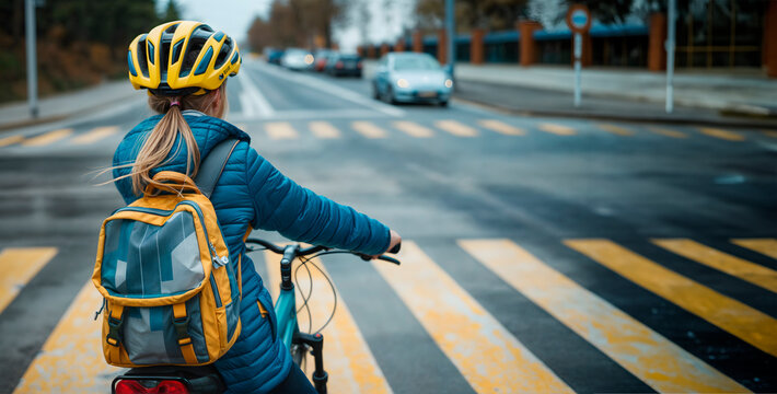 banner with copy space,schoolgirl wearing safety helmet and backpack on bike at pedestrian crossing, emphasizing safe routes to school, child safety, and healthy commuting practices for young students