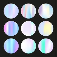 Holographic abstract backgrounds set. Gradient hologram. Hipster holographic backdrop. Minimalistic 90s, 80s retro style graphic template for placard, presentation, banner, brochure.