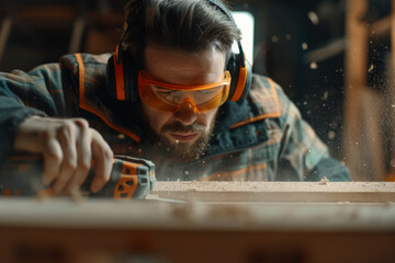 Close up of a man working with carpentry in an indoor workshop, wearing safety glasses