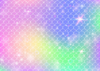 Kawaii mermaid background with princess rainbow scales pattern. Fish tail banner with magic sparkles and stars. Sea fantasy invitation for girlie party. Multicolor kawaii mermaid backdrop.