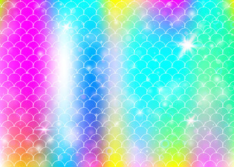 Kawaii mermaid background with princess rainbow scales pattern. Fish tail banner with magic sparkles and stars. Sea fantasy invitation for girlie party. Stylish kawaii mermaid backdrop.