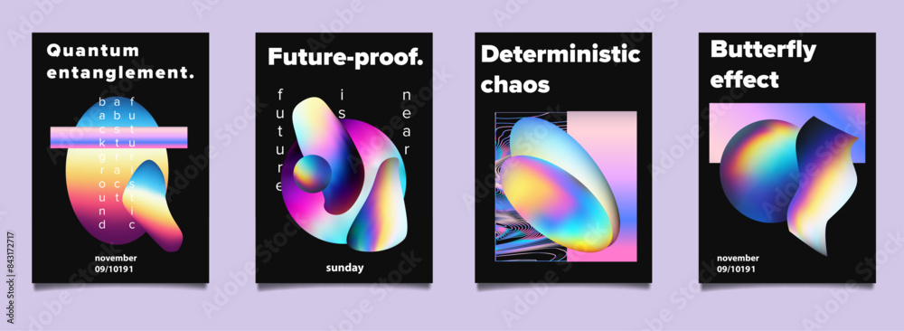 Poster set of abstract posters with complex 3d shapes in holographic bright neon colors. ideal for invitati